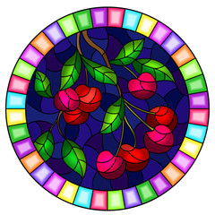 Illustration in the style with the branches of cherry  tree , the  branches, leaves and berries against the sky, oval image in bright frame