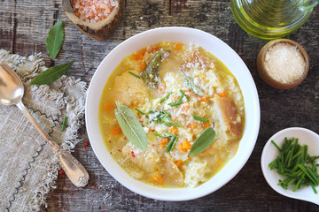 Italian cuisine. Pancotto: bread soup with  sage and grated Parmesan cheese