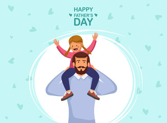 Greeting card Happy Father's Day. Vector illustration of a flat design - stock vector. Happy father's day template design. Cartoon photo of father, red-haired daughter hugging together. Vector