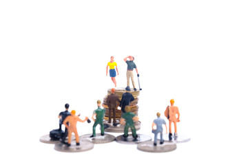 Selective focus picture of CEO and lower level employee miniature insight for job and income...