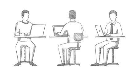 Man sits at a laptop. Front and back view. Office people sketch. Process of working at the table. Hatched drawing picture. Gray pencil. Hand drawn vector.