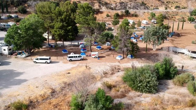 Aerial footage of camping in Soledad, near Los Angeles