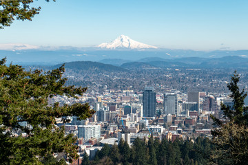 Portland Oregon and Mount Hood as seen from Pittock Mansion - obrazy, fototapety, plakaty