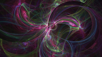 Abstract colorful green and pink glowing shapes. Fantasy light background. Digital fractal art. 3d rendering.