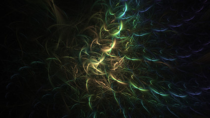 Abstract green and golden glowing shapes. Fantasy light background. Digital fractal art. 3d rendering.