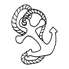 Hand drawn nautical ship anchor with rope, elegant sketch for vintage design of tattoos or t-shirt print.
