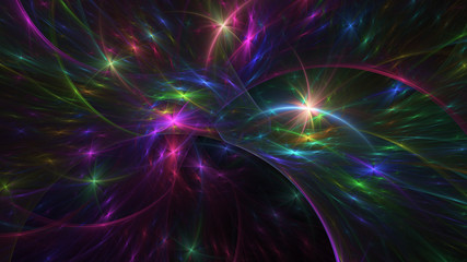 Abstract purple and green glowing shapes. Fantasy light background. Digital fractal art. 3d rendering.