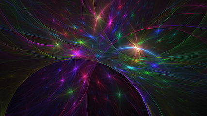 Abstract purple and green glowing shapes. Fantasy light background. Digital fractal art. 3d rendering.