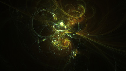 Abstract green and golden glowing shapes. Fantasy light background. Digital fractal art. 3d rendering.