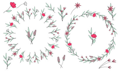 Cute simple flowers in doodle style. Set of wreaths, small bouquets, branches and elements of delicate pastel flowers on a white background. Hand drawing. Isolated objects.