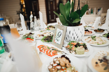 Interior of a restaurant prepared for wedding ceremony