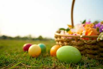 Easter eggs in the lawn with flowers