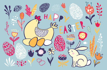 Naklejka premium Happy Easter - big hand drawn doodle set. Easter background. Template design elements for invitation, poster, pattern, fabric, textile. Easter art.