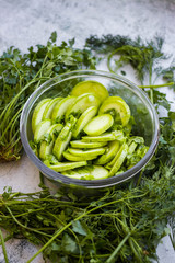 Green fresh zucchini slices salad. Vegan, vegetarian healthy food.