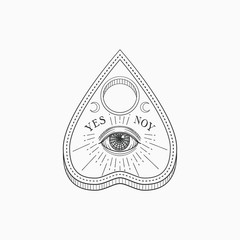 Ouija planchette with eye of providence. Witch and magic symbol, monochrome vector illustration, isolated on white background