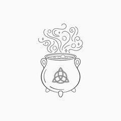 Witch cauldron with bubbling liquid. Magic symbol cauldron , monochrome vector illustration, isolated on white background