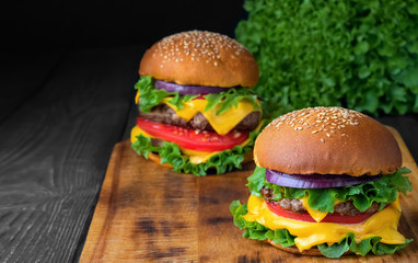 Two fresh hamburger on a wooden table. Closeup. Shallow depth of field.
