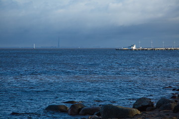 View of the Gulf of Finland from the Lower Park of the Grand Peterhof Palace, Peterhof, Russia.