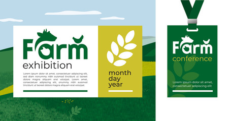 Design template for agriculture, livestock, farming business. Identity for agro conference, forum, event, exhibition. Symbol with farm animals. Mockup ID card with strap. Vector illustration for flyer