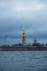 Fototapeta premium Peter and Paul Fortress on a cloudy winter evening, St. Petersburg, Russia.