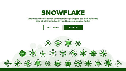 Snowflake Tracery Landing Web Page Header Banner Template Vector. Beautiful Decorative Frozen Winter Snowflake In Different Shape Illustration