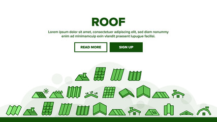 Roof Construction Landing Web Page Header Banner Template Vector. Sun Solar Battery On House Roof, Metallic And Tile Roofing Material On Building Top Illustration