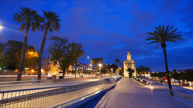 Torre del Oro / Golden Tower and Guadalquivir river 4K Timelapse taken at blue hour in Seville City, Spain.