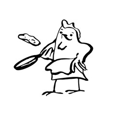 A chicken fries a pancake and tosses it in a pan. Monochrome vector illustration in line art style. Hand drawn. On white background.