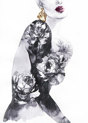Frau mit Blumen. Schönheitshintergrund. Modeillustration. Aquarellmalerei