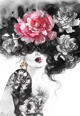Gardinen woman with flowers. beauty background. fashion illustration. watercolor painting © Anna Ismagilova