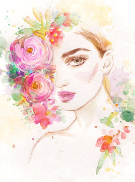 woman with flowers. beauty background. fashion illustration. watercolor painting © Anna Ismagilova