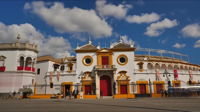4K Timelapse of The Plaza de Toros de Sevilla with its Principal Fa&ccedil;ade in Baroque style, in Seville, Spain. 