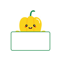 Cute smiling cartoon yellow bell pepper character holding blank, empty card in hands. 