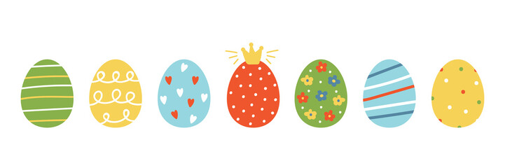 Set, collection of colorful cartoon style easter eggs with different ornaments, decorated for Easter design.