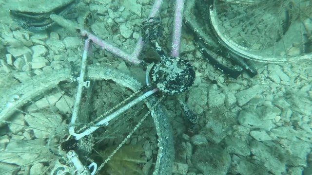 old rusty bicycle under water