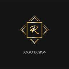 Premium style R letter logo. Gold symbol on a black background. Luxury art deco monogram sign and lines