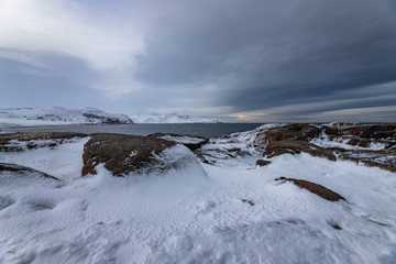 Rocky coast of the Kola Peninsula, Teriberka, Barents sea, Arctic ocean