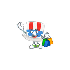 A rich uncle sam hat cartoon design waving and holding Shopping bag