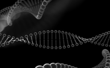3d Illustration black particles dna helix glowing over dark background. Concept of genetics, science and medicine. Biotech. 3d rendering copy space toned image