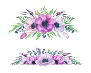 Watercolor floral frame with leaves and anemones flowers. Geometric  frame with flowers. Perfect for wedding invitation or greeting card.