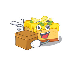 Cute lemon cheesecake cartoon character having a box