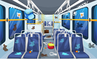 Dirty Bus Interior Landscape with old Chairs Row, Scholl Bag, Suitcase and Bus Handle for Vector Illustration Interior Design Ideas © VectorTower