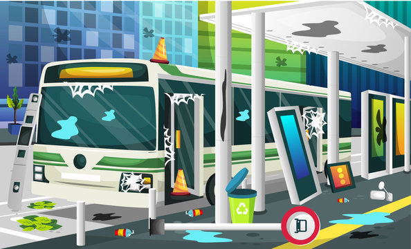 Dirty Halte Bus Station with Traffic Light, Recycle Trash, Banner Advertiser and Stop Traffic Sign for Vector Illustration Interior Design Ideas