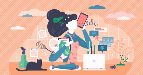 Multitasking busy mom at home concept, vector illustration tiny female person concept