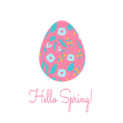 Pink Easter egg with lettering Hello spring. Cute square hand drawn flat postcard. Gift message for Easter, decoration of social networks on holiday, writing letters, print