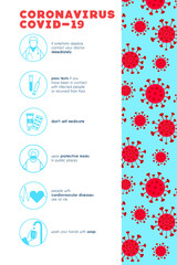 vector vertical banner with information and infographics about  Chinese coronovirus 2019-ncov. flat illustration of the virus and icons about measures to prevent infection with the virus. covid-2019