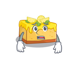 A picture of lemon cheesecake having an afraid face