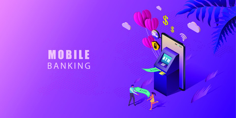 Online Banking for banner and website. Isometric mobile phone and internet banking. Digital technology transfer pay. Online payment security transaction. Vector illustration.