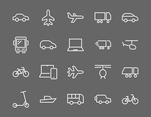 Set of public transport related vector line icons. Contains icons such as bus, bike, suitcase, car, scooter, truck, transport, trolley bus, sailboat, motor boat, plane and much more. Editable stroke.
