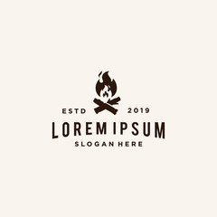 bonfire Campfire logo badge label vector illustration on dark background. Crossed logs of wood and fire flame Classic badge